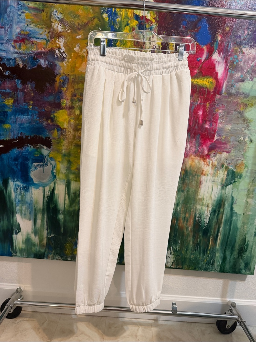 Women's White Elastic-Waist Drawstring Joggers
